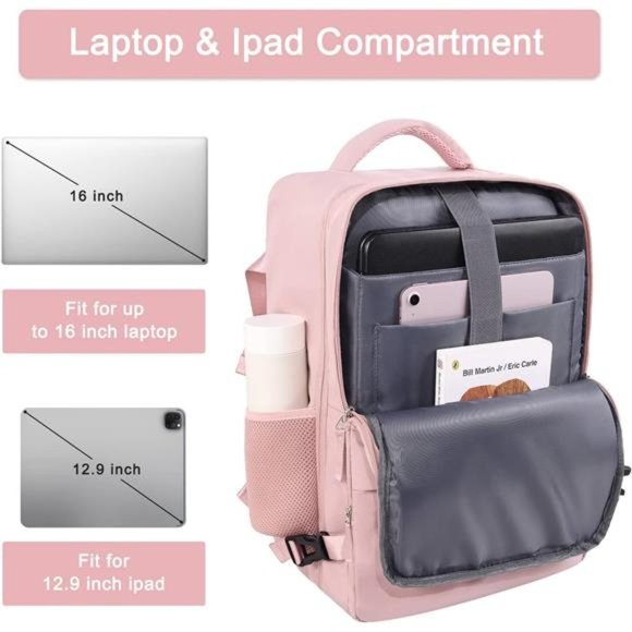 Large Pink Travel & Laptop Backpack for Women, with USB Charging Port main image 6